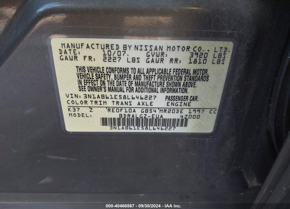 2008 NISSAN SENTRA 2.0SL VIN: 3N1AB61E58L646227