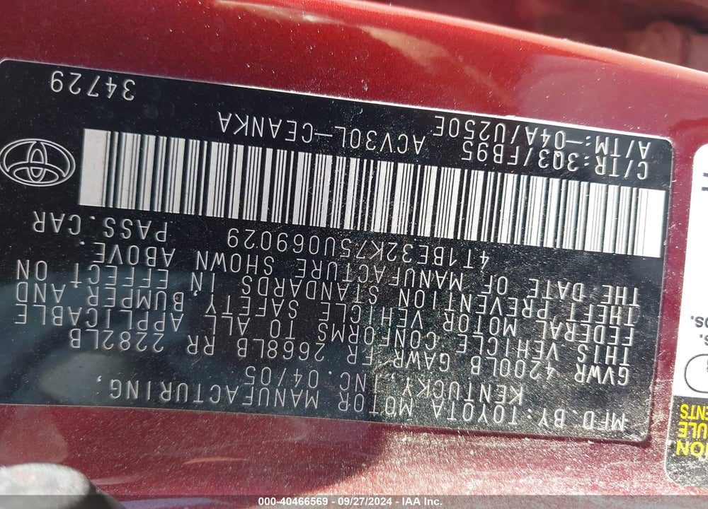 2005 TOYOTA CAMRY LE VIN: 4T1BE32K75U069029
