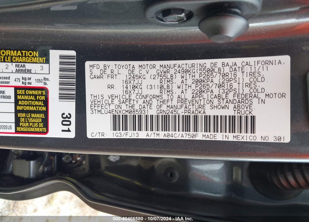 2012 TOYOTA TACOMA BASE V6 VIN: 3TMLU4ENXCM085931