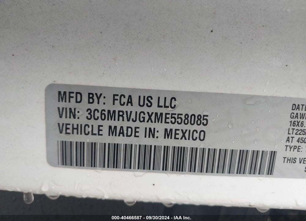 2021 RAM PROMASTER 3500 CARGO VAN HIGH ROOF 159 WB EXT VIN: 3C6MRVJGXME558085