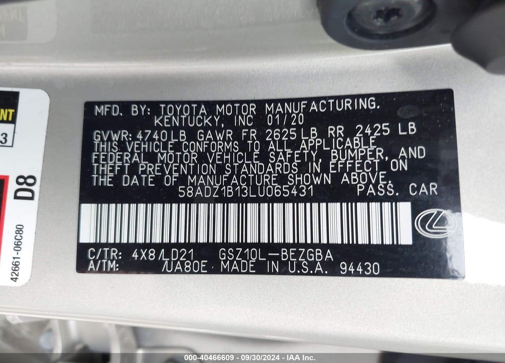 2020 LEXUS ES 350 VIN: 58ADZ1B13LU065431
