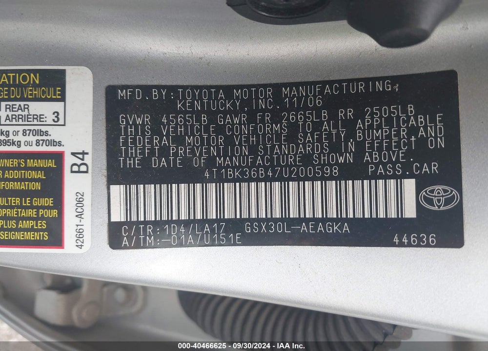 2007 TOYOTA AVALON XLS VIN: 4T1BK36B47U200598