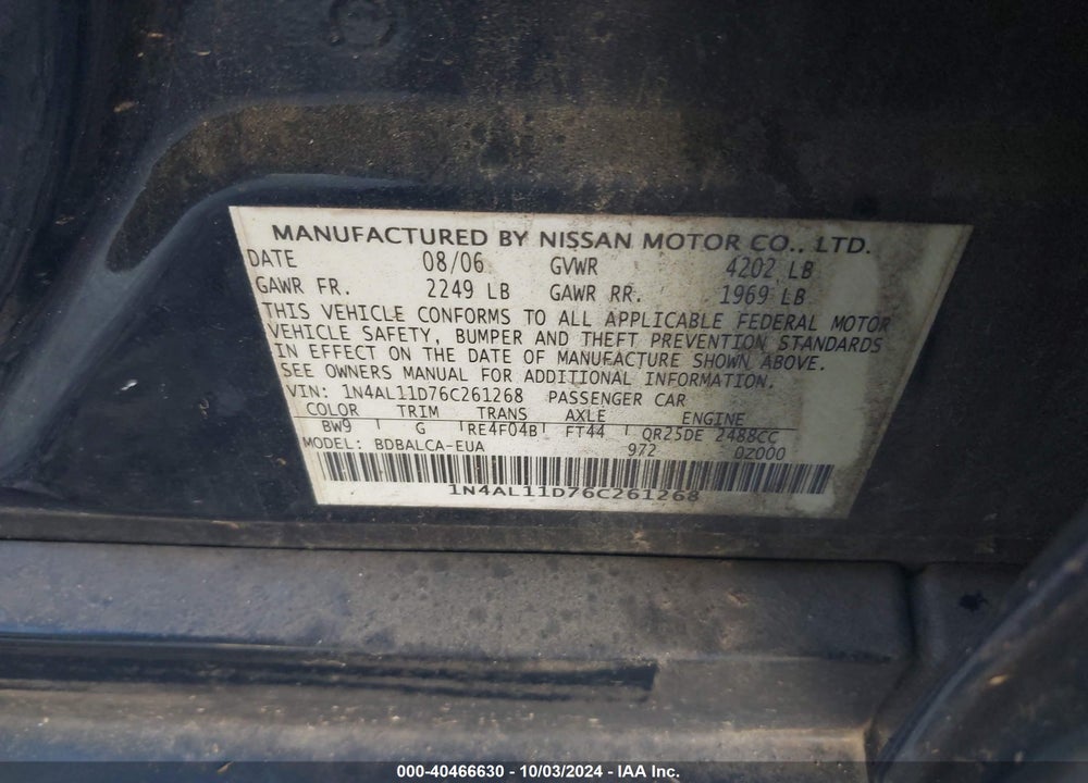 2006 NISSAN ALTIMA 2.5 S VIN: 1N4AL11D76C261268