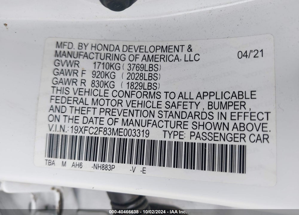 2021 HONDA CIVIC SPORT VIN: 19XFC2F83ME003319