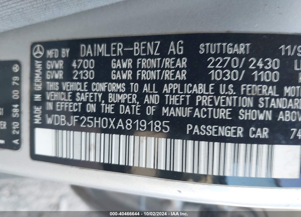 1999 MERCEDES-BENZ E 300 DIESEL VIN: WDBJF25H0XA819185
