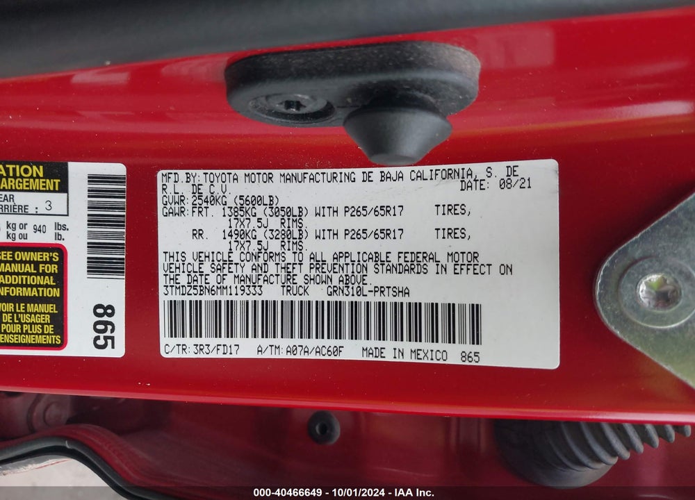 2021 TOYOTA TACOMA VIN: 3TMDZ5BN6MM119333