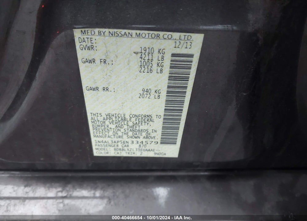 2014 NISSAN ALTIMA 2.5 SL VIN: 1N4AL3AP5EN334579