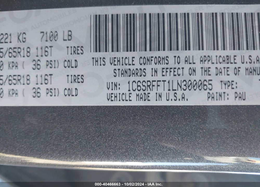 2020 RAM 1500 BIG HORN 4X4 5'7 BOX VIN: 1C6SRFFT1LN300065