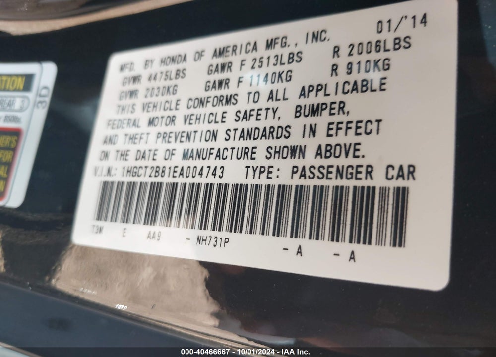 2014 HONDA ACCORD EX-L V-6 VIN: 1HGCT2B81EA004743