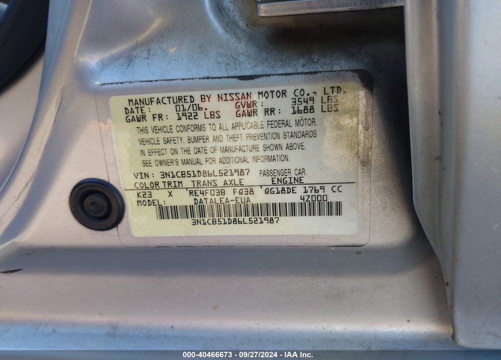 2006 NISSAN SENTRA 1.8S VIN: 3N1CB51D86L521987