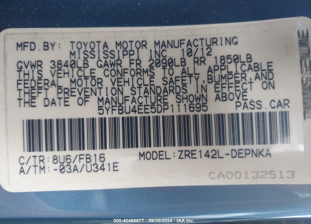 2013 TOYOTA COROLLA LE VIN: 5YFBU4EE5DP111695