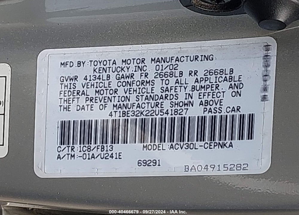 2002 TOYOTA CAMRY LE VIN: 4T1BE32K22U541827