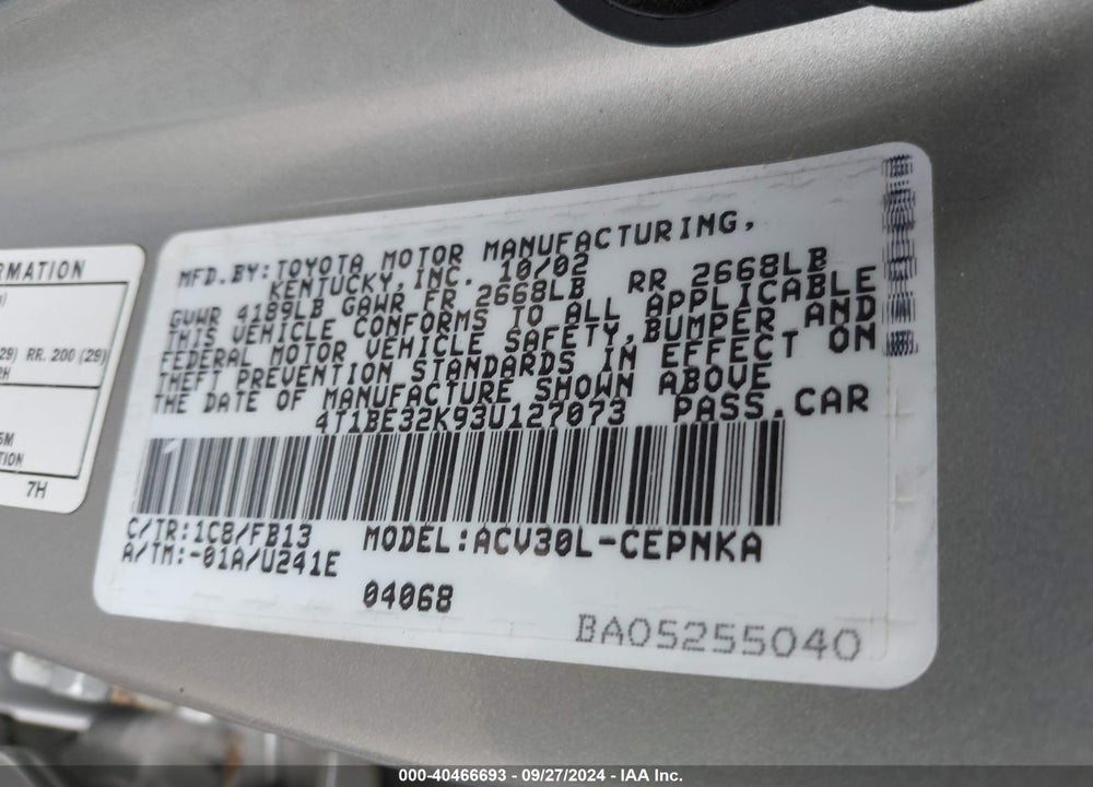 2003 TOYOTA CAMRY LE VIN: 4T1BE32K93U127073