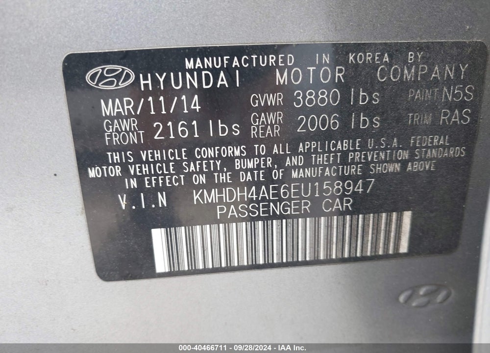 2014 HYUNDAI ELANTRA SE VIN: KMHDH4AE6EU158947