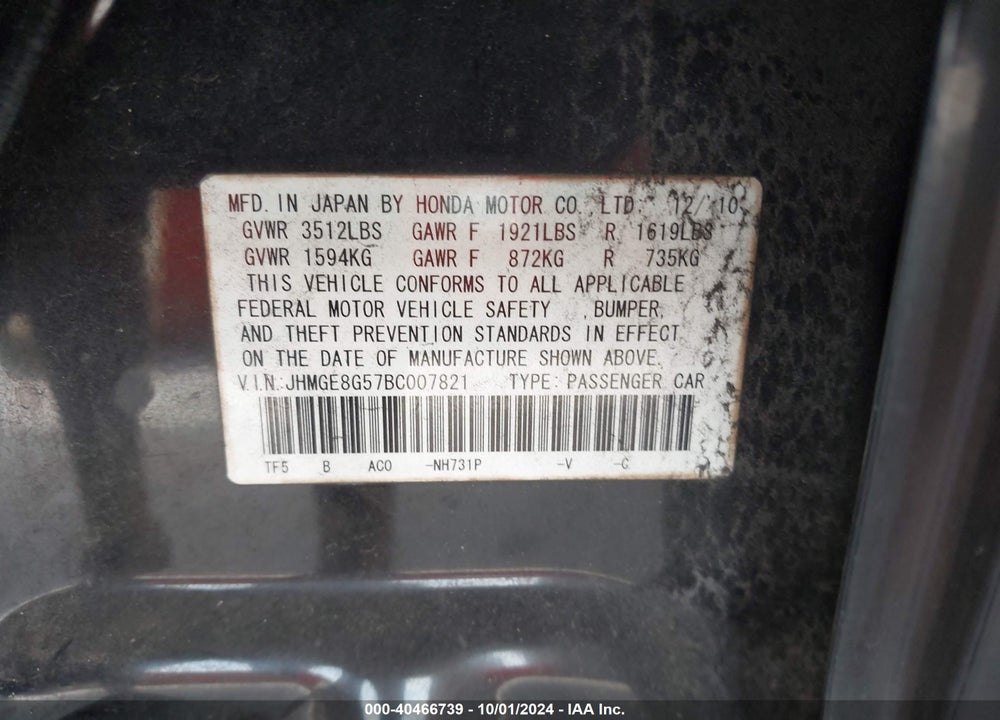 2011 HONDA FIT SPORT VIN: JHMGE8G57BC007821