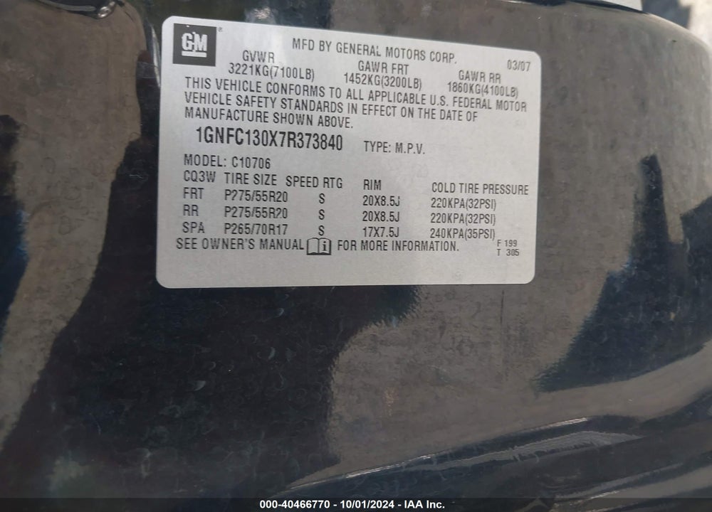 2007 CHEVROLET TAHOE LT VIN: 1GNFC130X7R373840