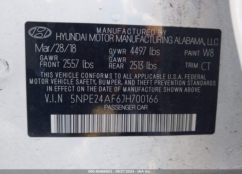 2018 HYUNDAI SONATA SE VIN: 5NPE24AF6JH700166