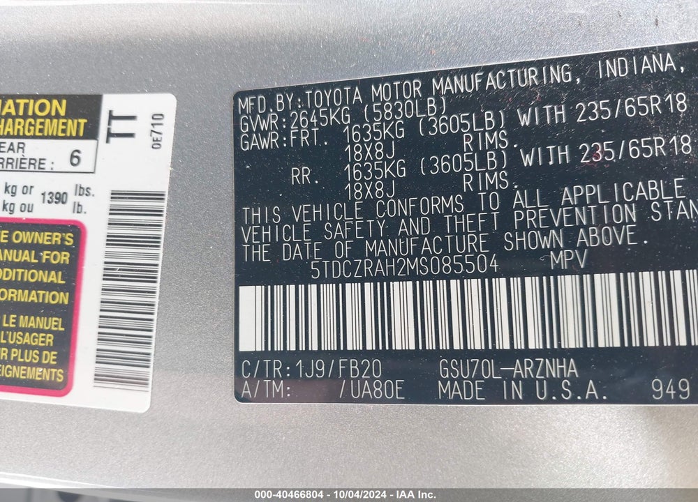 2021 TOYOTA HIGHLANDER L VIN: 5TDCZRAH2MS085504