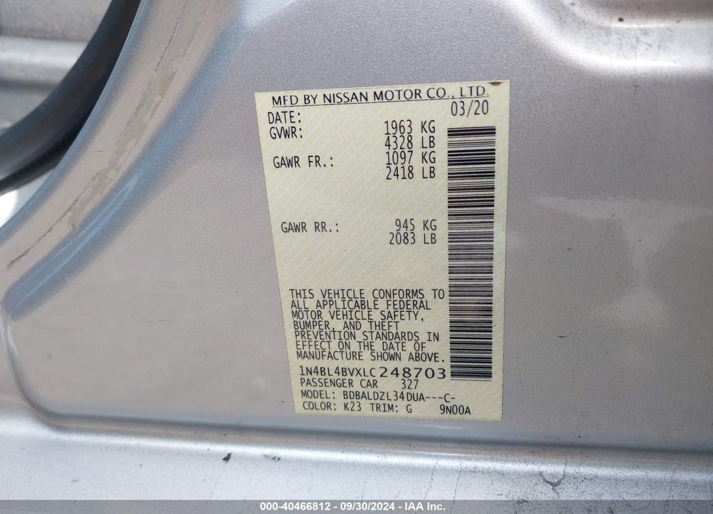 2020 NISSAN ALTIMA S FWD VIN: 1N4BL4BVXLC248703
