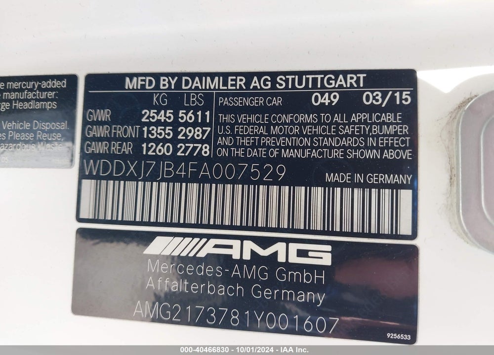 2015 MERCEDES-BENZ AMG S 63 VIN: WDDXJ7JB4FA007529