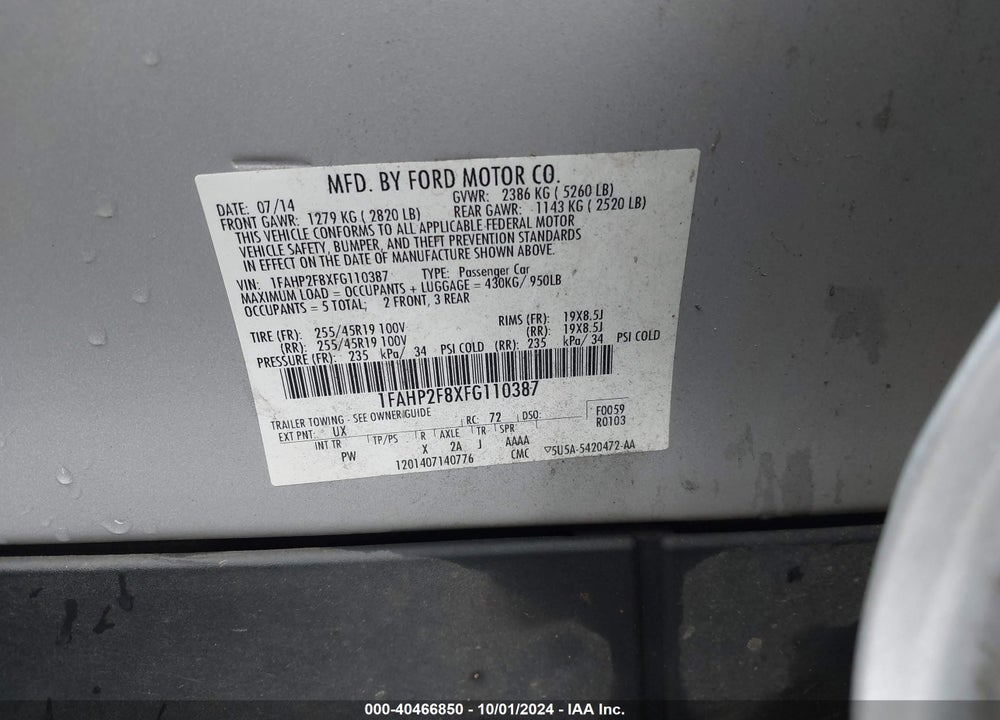 2015 FORD TAURUS LIMITED VIN: 1FAHP2F8XFG110387