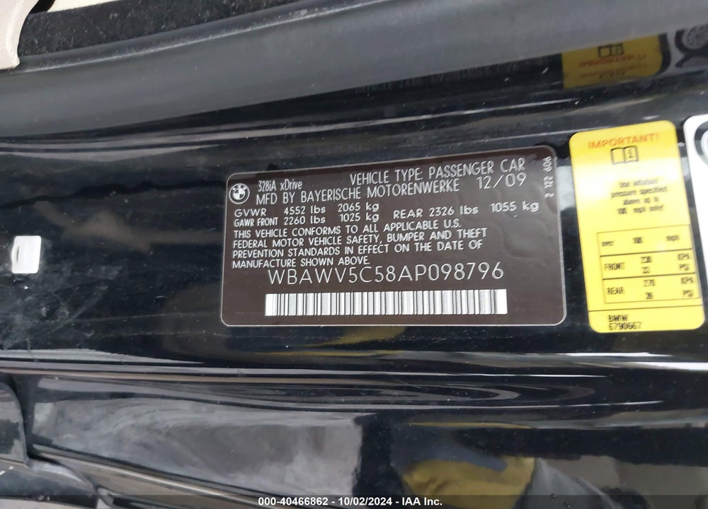 2010 BMW 328I XDRIVE VIN: WBAWV5C58AP098796