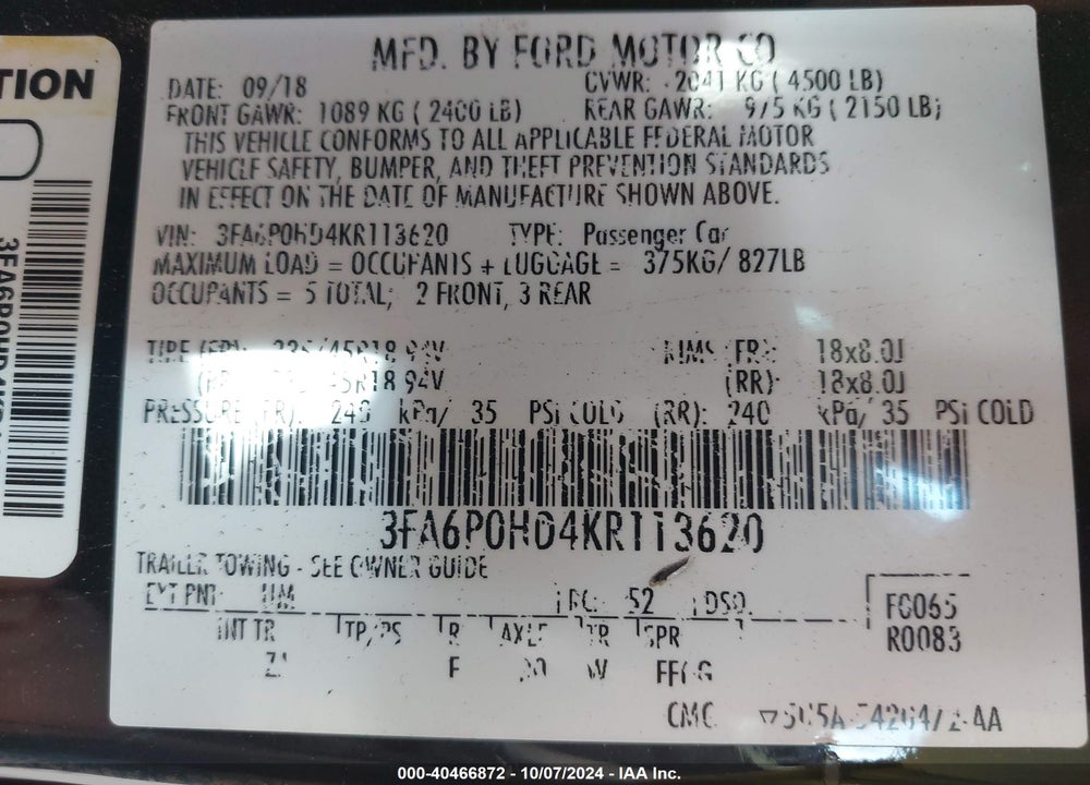 2019 FORD FUSION SE VIN: 3FA6P0HD4KR113620