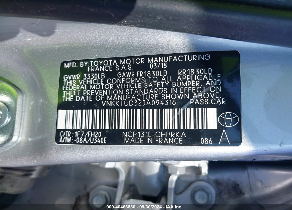 2018 TOYOTA YARIS LE VIN: VNKKTUD32JA094316
