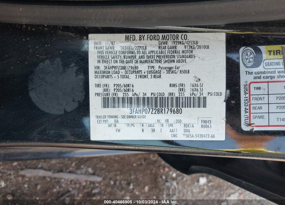 2008 FORD FUSION SE VIN: 3FAHP07Z28R179680