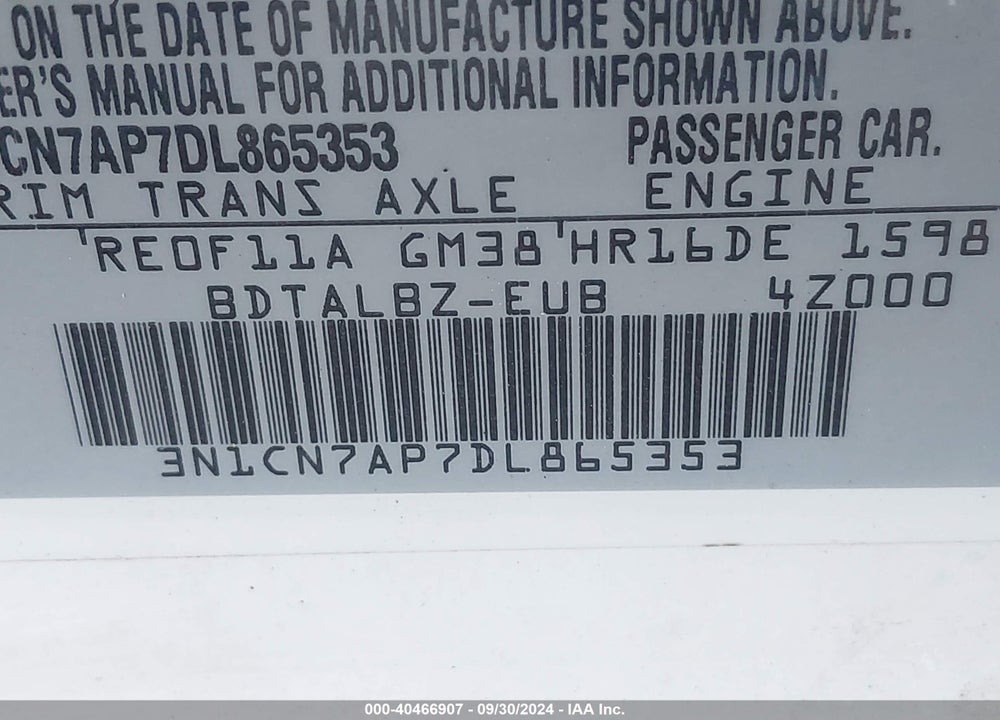 2013 NISSAN VERSA 1.6 SV VIN: 3N1CN7AP7DL865353