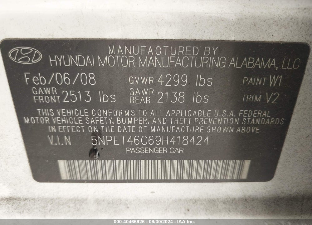 2009 HYUNDAI SONATA GLS VIN: 5NPET46C69H418424