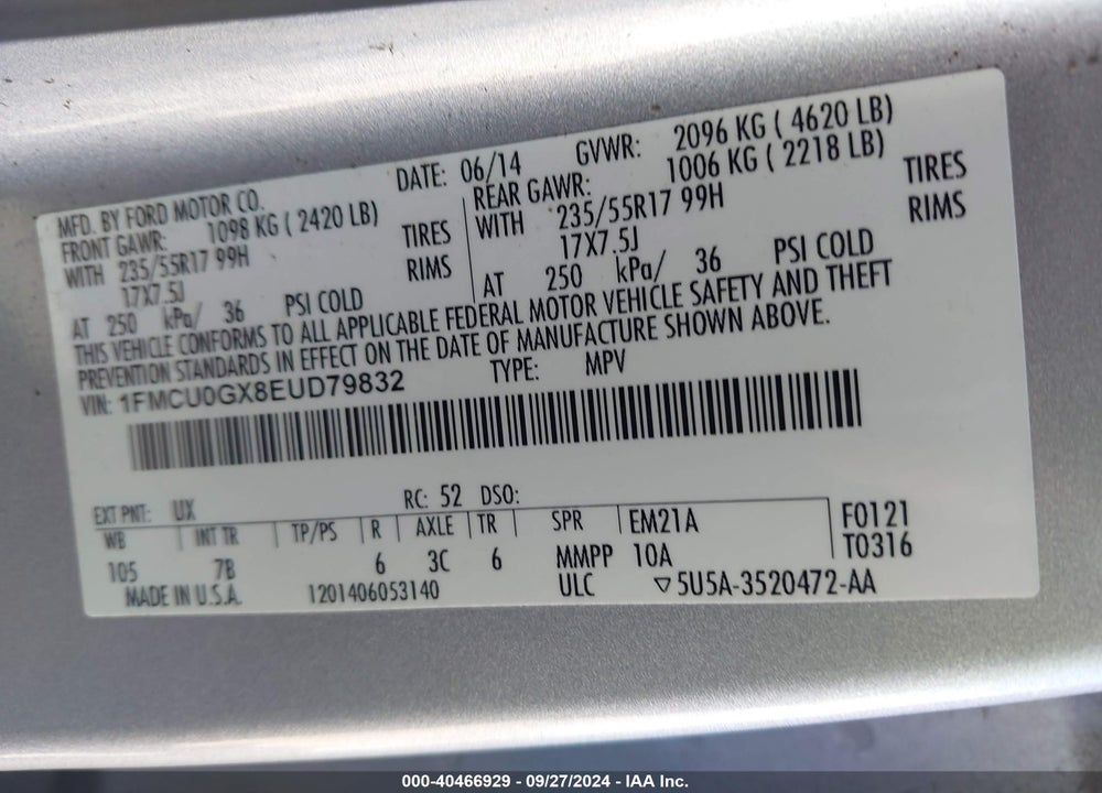 2014 FORD ESCAPE SE VIN: 1FMCU0GX8EUD79832