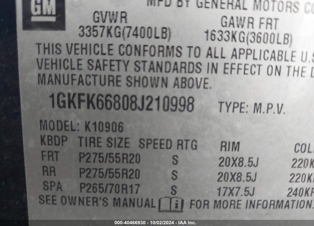 2008 GMC YUKON XL 1500 DENALI VIN: 1GKFK66808J210998