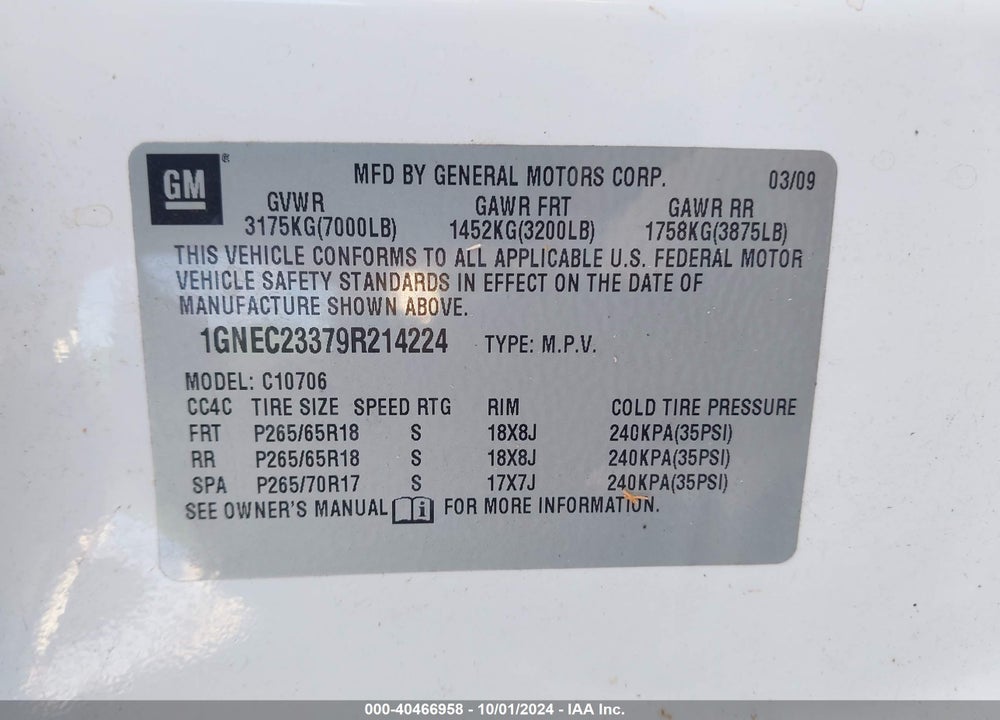 2009 CHEVROLET TAHOE LT2 VIN: 1GNEC23379R214224