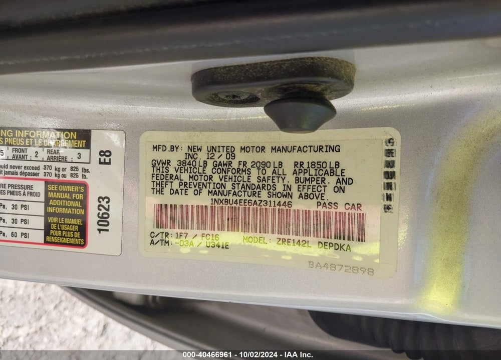 2010 TOYOTA COROLLA LE VIN: 1NXBU4EE6AZ311446