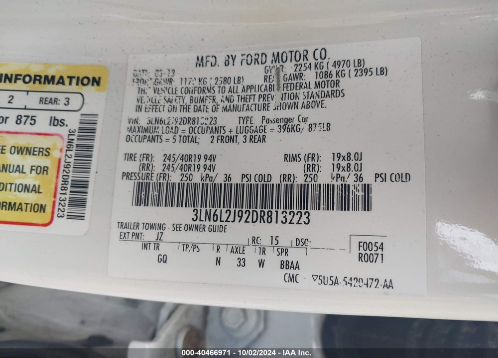 2013 LINCOLN MKZ VIN: 3LN6L2J92DR813223