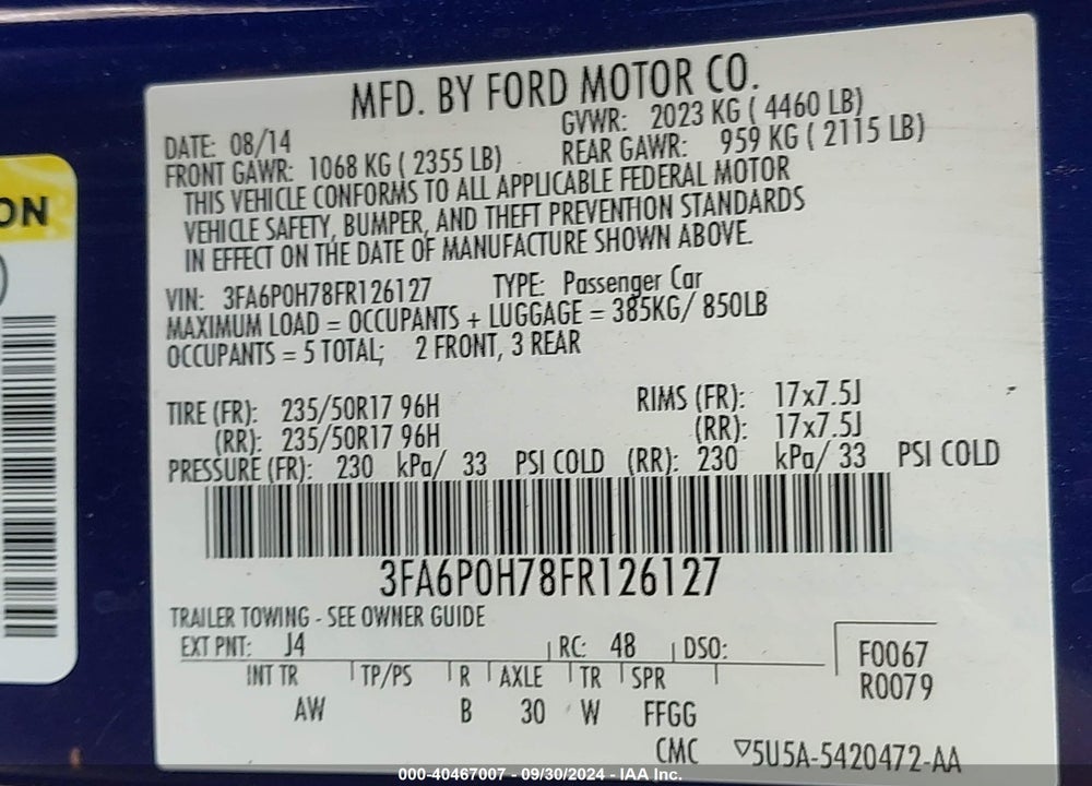 2015 FORD FUSION SE VIN: 3FA6P0H78FR126127