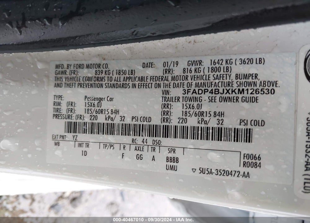 2019 FORD FIESTA SE VIN: 3FADP4BJXKM126530