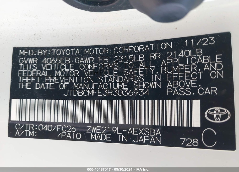 2024 TOYOTA COROLLA HYBRID SE VIN: JTDBCMFE3R3036934