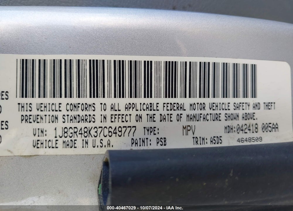 2007 JEEP GRAND CHEROKEE LAREDO VIN: 1J8GR48K37C649777