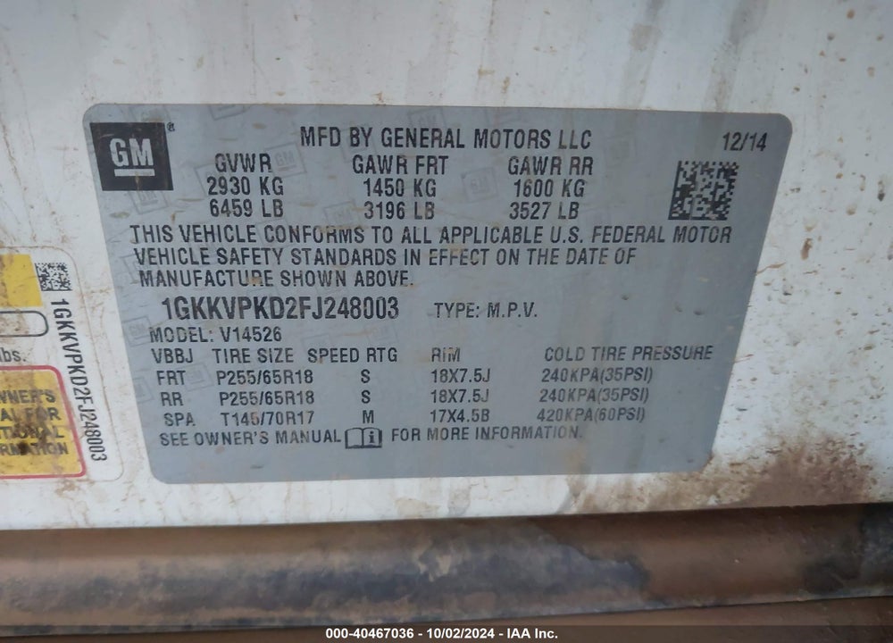 2015 GMC ACADIA SLE-2 VIN: 1GKKVPKD2FJ248003