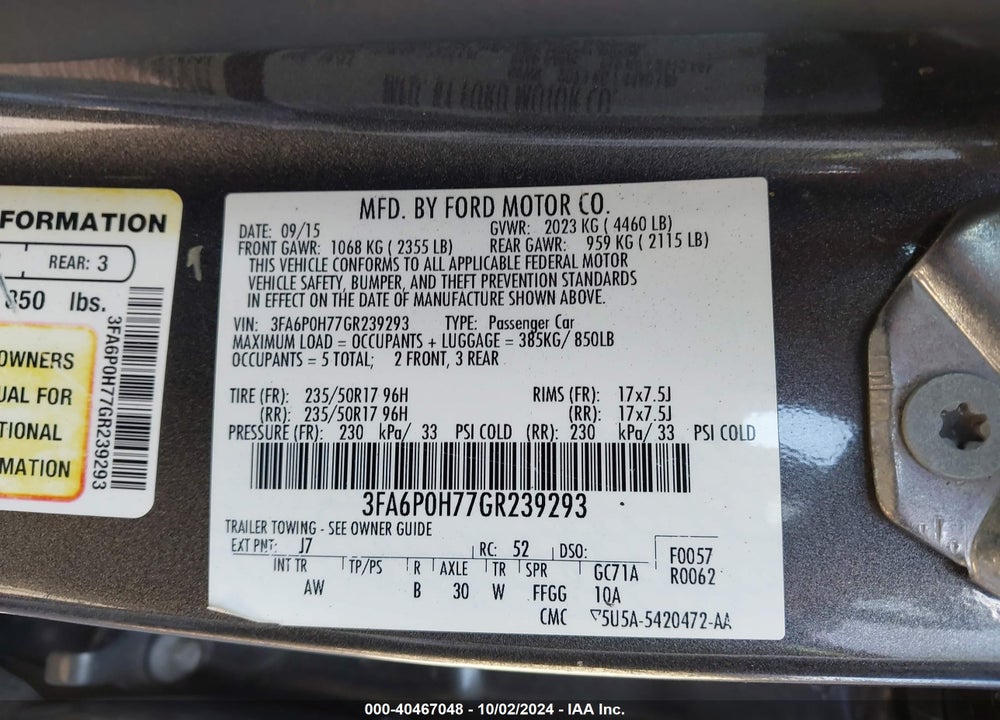 2016 FORD FUSION SE VIN: 3FA6P0H77GR239293