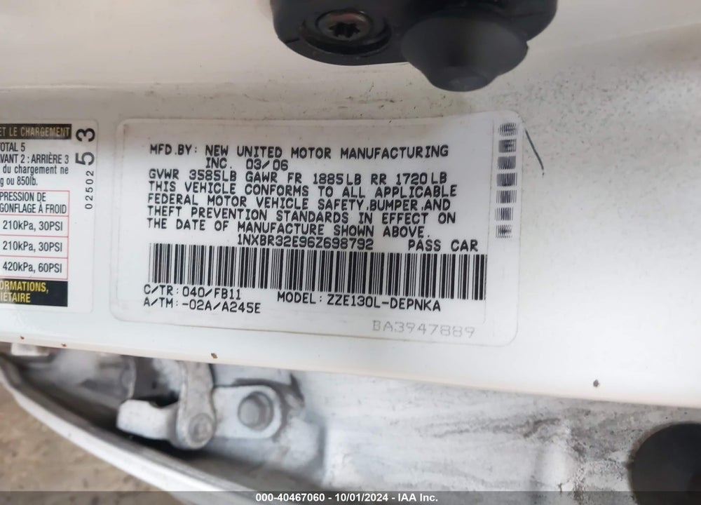 2006 TOYOTA COROLLA LE VIN: 1NXBR32E96Z698792