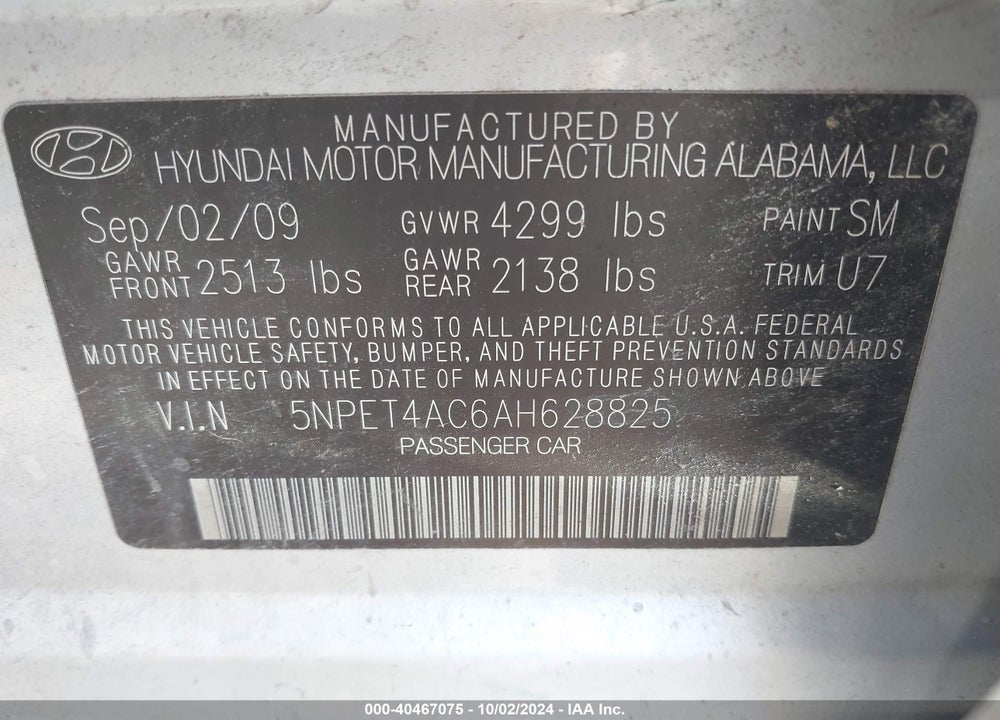 2010 HYUNDAI SONATA GLS VIN: 5NPET4AC6AH628825