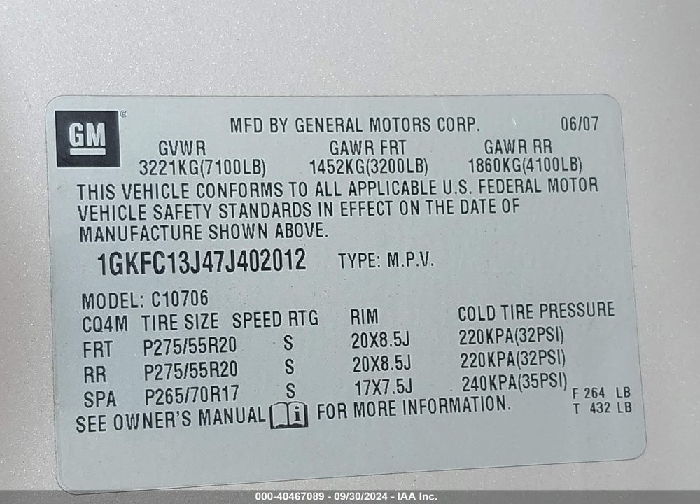 2007 GMC YUKON SLT VIN: 1GKFC13J47J402012