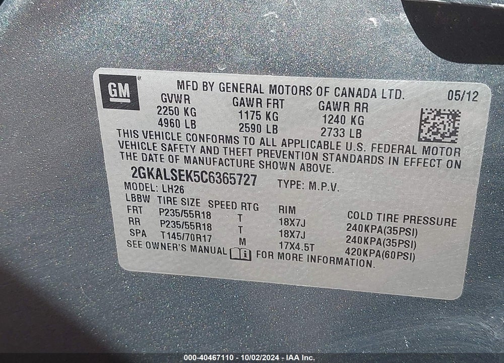 2012 GMC TERRAIN SLE-2 VIN: 2GKALSEK5C6365727