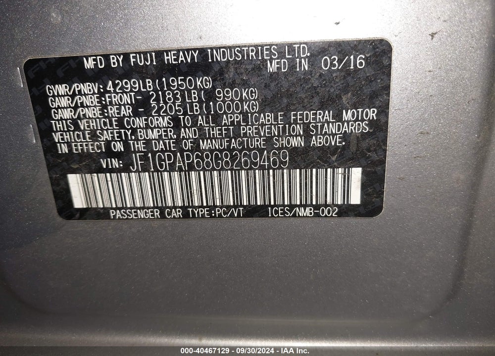 2016 SUBARU IMPREZA 2.0I SPORT PREMIUM VIN: JF1GPAP68G8269469