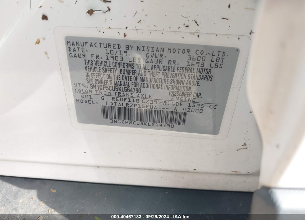 2019 NISSAN KICKS S VIN: 3N1CP5CU5KL564790