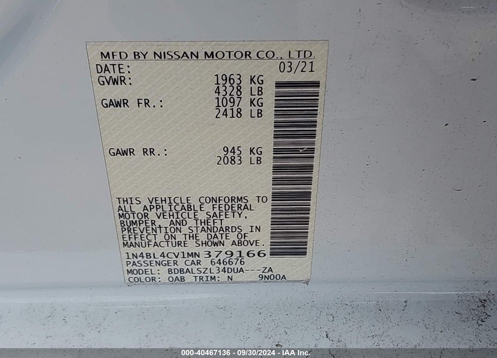 2021 NISSAN ALTIMA SR FWD VIN: 1N4BL4CV1MN379166