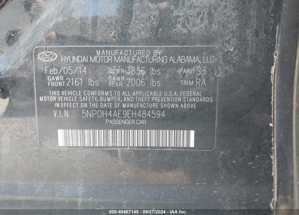 2014 HYUNDAI ELANTRA SE VIN: 5NPDH4AE9EH484594